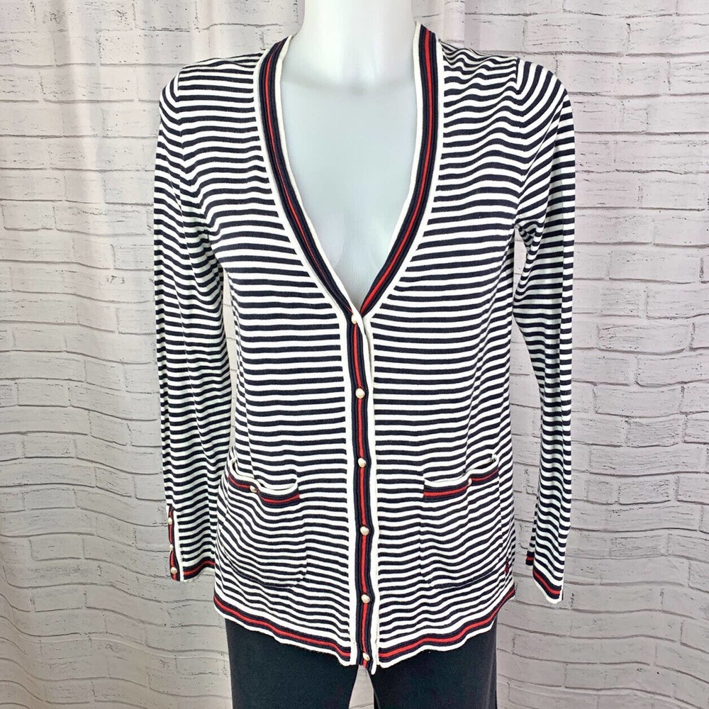 Talbots Embroidered Navy & White Striped Cardigan Sweater Oprah Collection Small